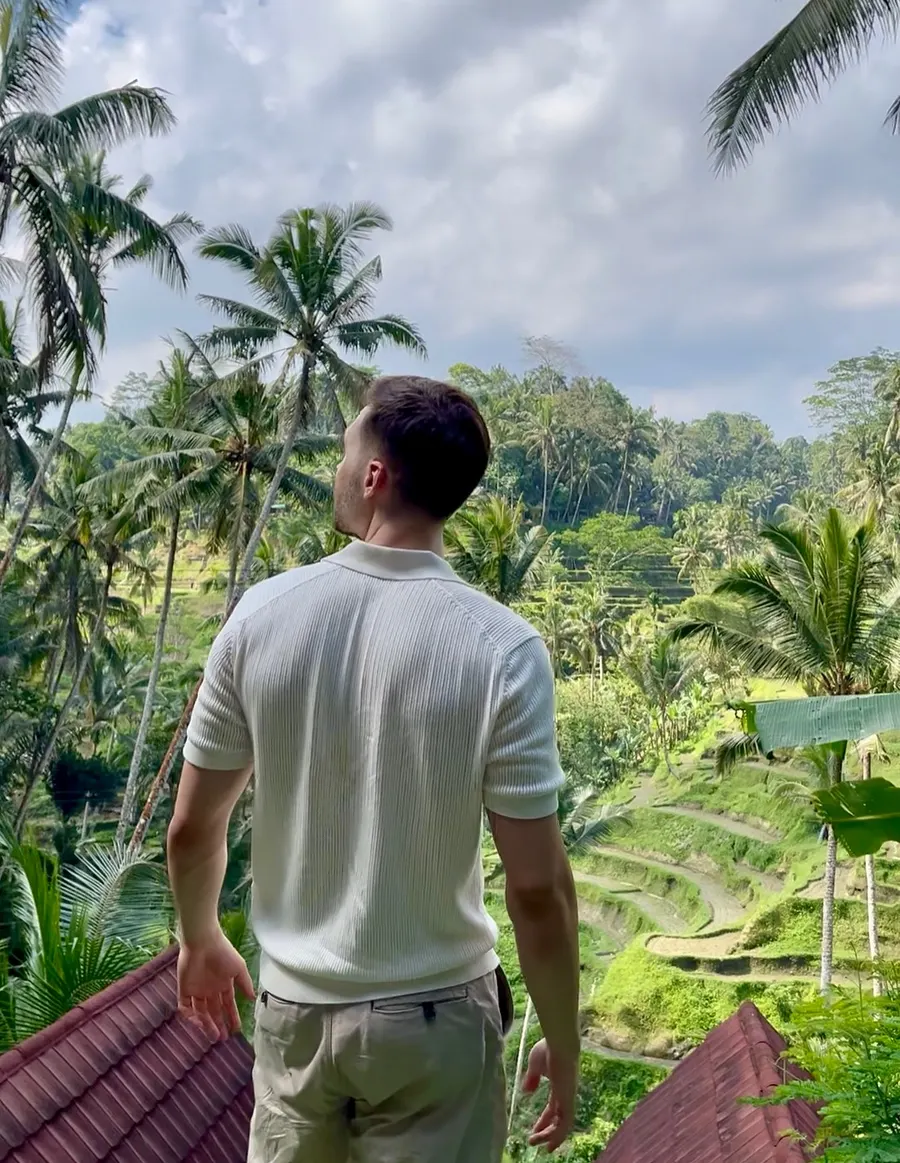 Marc Diez looking out over rice terraces in Indonesia